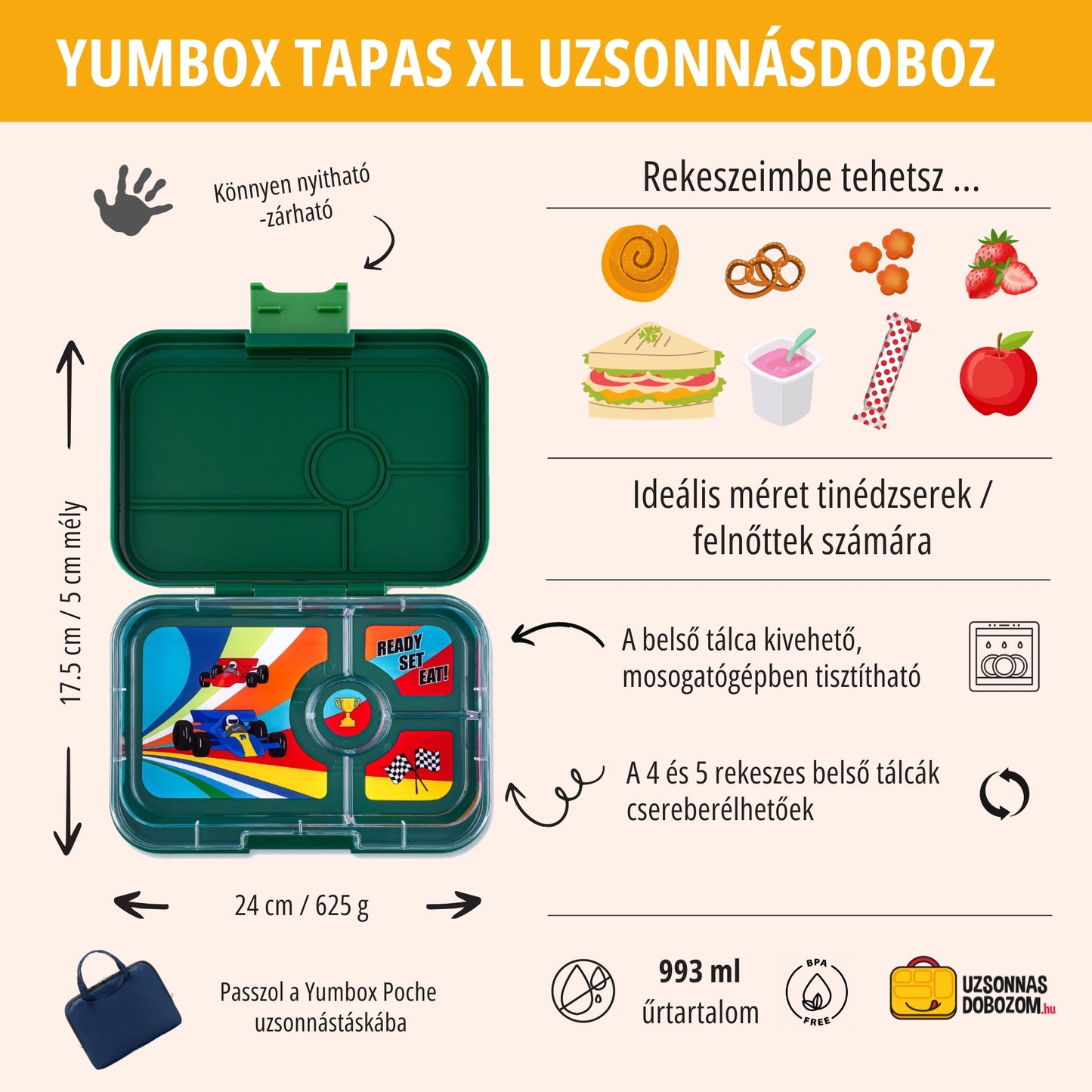 Yumbox Tapas XL Greenwich green / Race Cars (4 rekeszes)