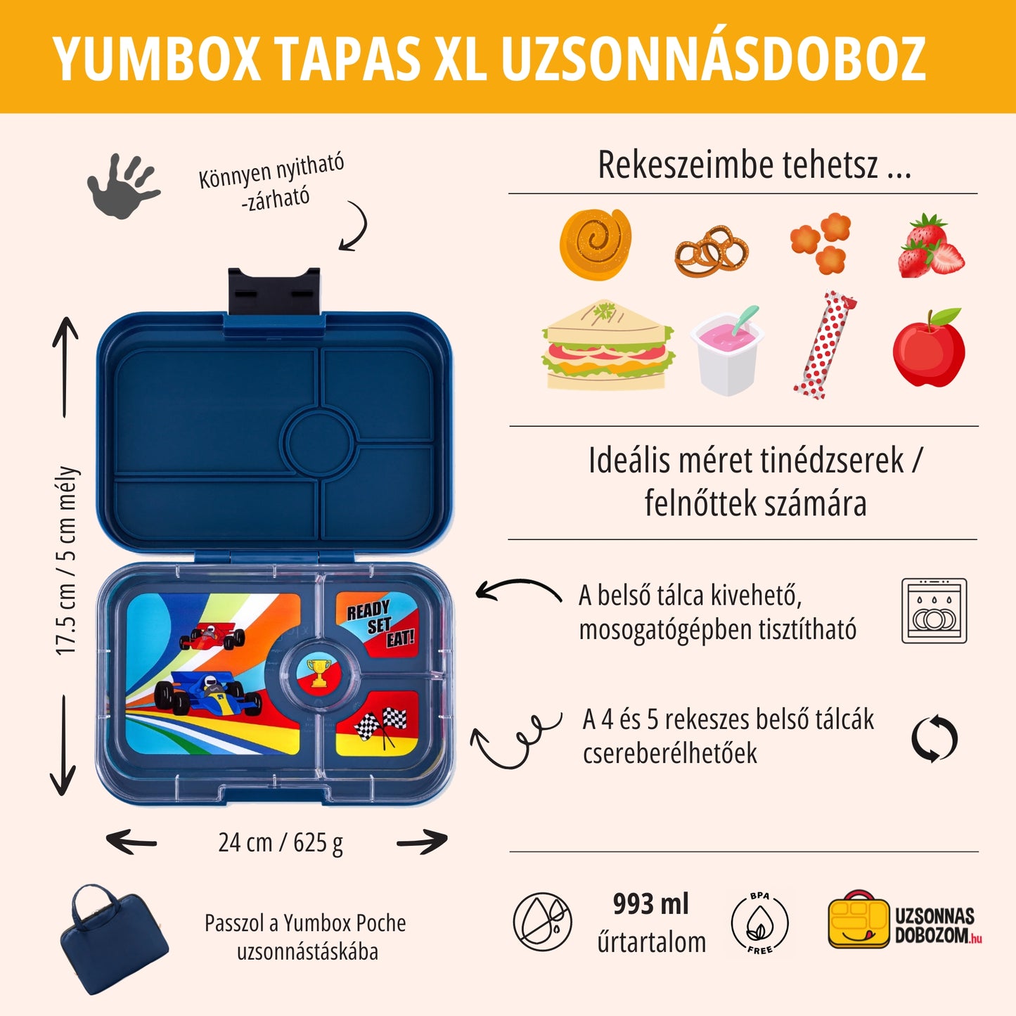 Yumbox Tapas XL Monte Carlo blue / Race Cars (4 rekeszes)